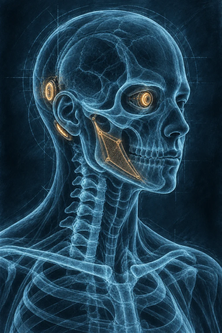 Hand-rendered X-ray-style head and shoulders. Four amber implants stand out against a cyan anatomical scan: the right-eye display, behind-ear jack, bone relay and cheek mesh.