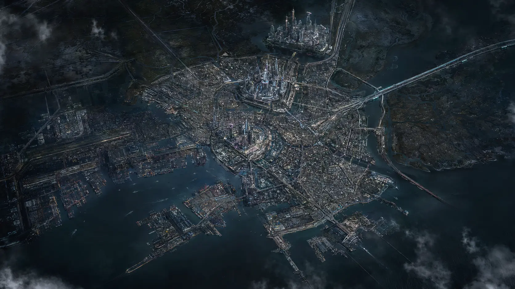 Satellite-style aerial map of fictional Kestral City, showing coastal freight grids, vertical corporate districts, flood barriers, and drowned lower zones