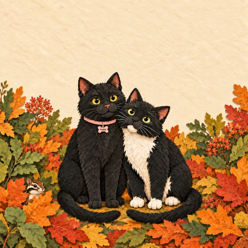 Puma and Kylo nestled in a pile of red, orange, and golden leaves, with a tiny chipmunk peeking out.