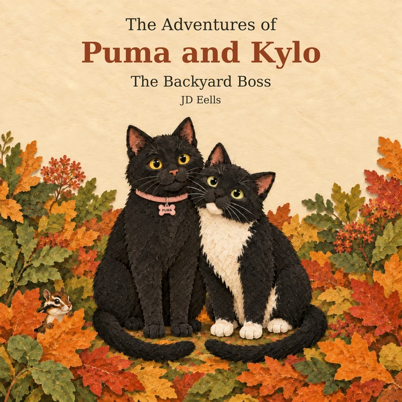 The Backyard Boss by JD Eells: Puma and Kylo sitting among colorful autumn leaves.