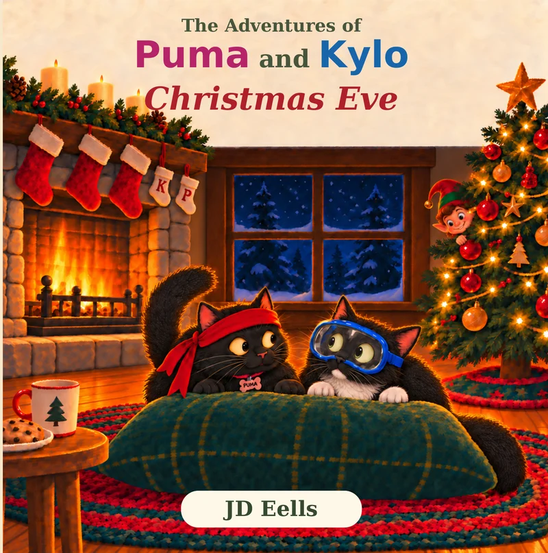 Christmas Eve by JD Eells: Puma and Kylo hide behind a pillow beside a glowing fireplace and Christmas tree, preparing for Santa.