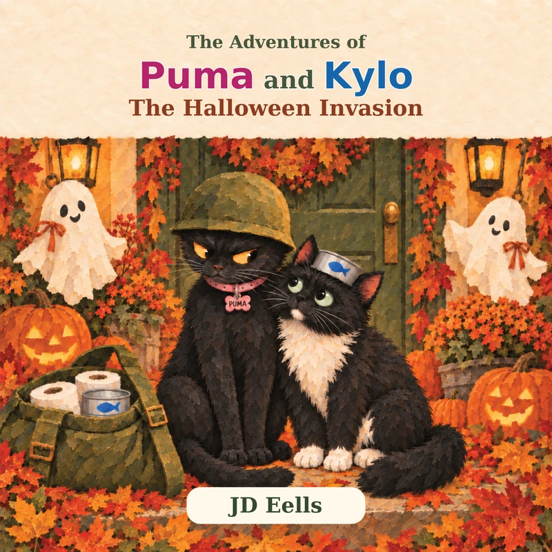 The Halloween Invasion by JD Eells: helmet-wearing Puma and Kylo on a porch with pumpkins and friendly ghosts.