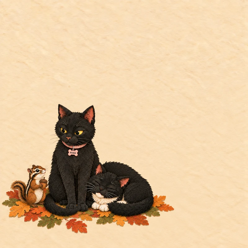 Puma stands guard beside a chipmunk while Kylo curls up asleep in the autumn leaves.