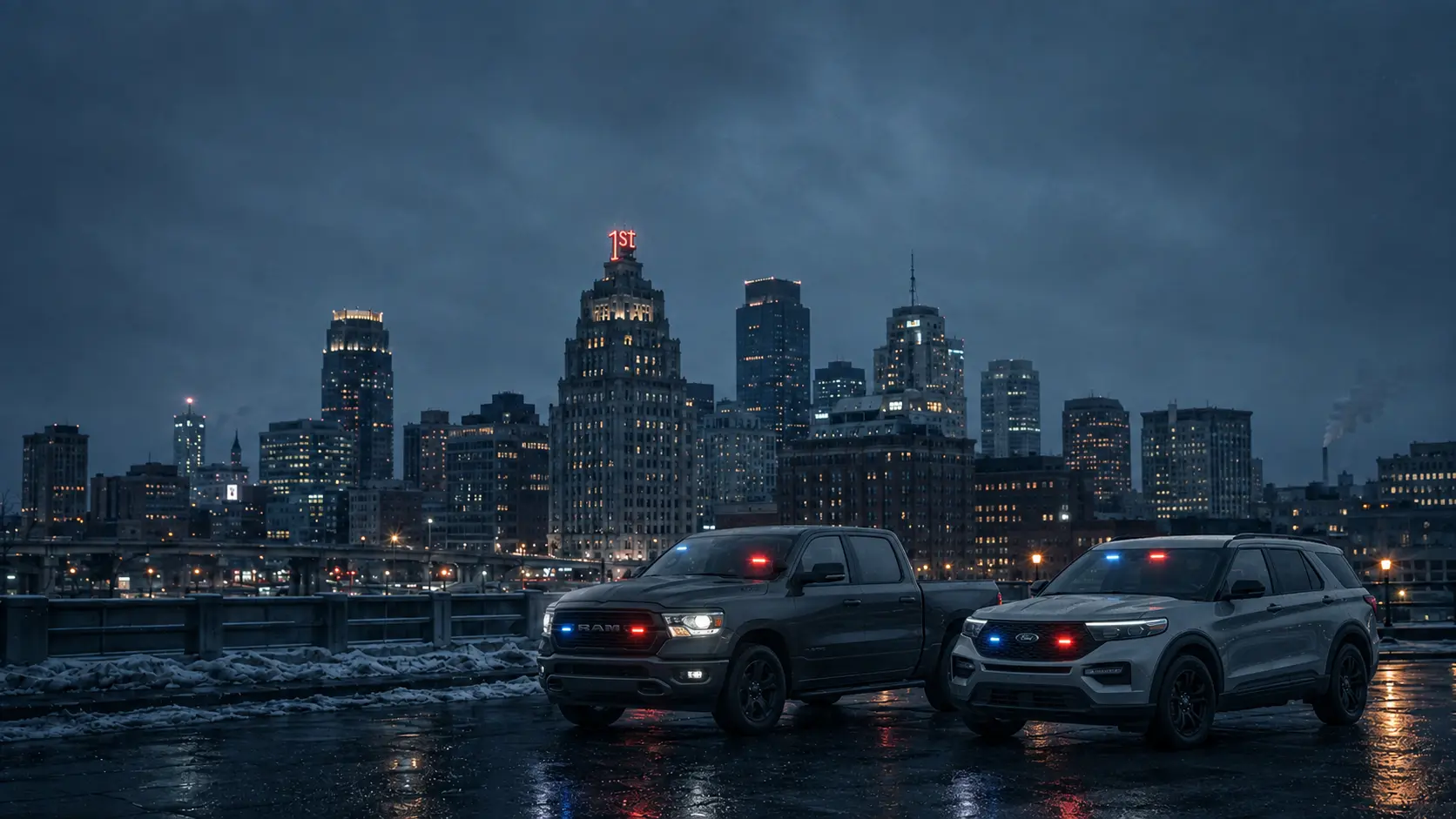 Two unmarked fugitive-team vehicles with emergency lights parked across from the snowy St. Paul skyline and First National Bank Building