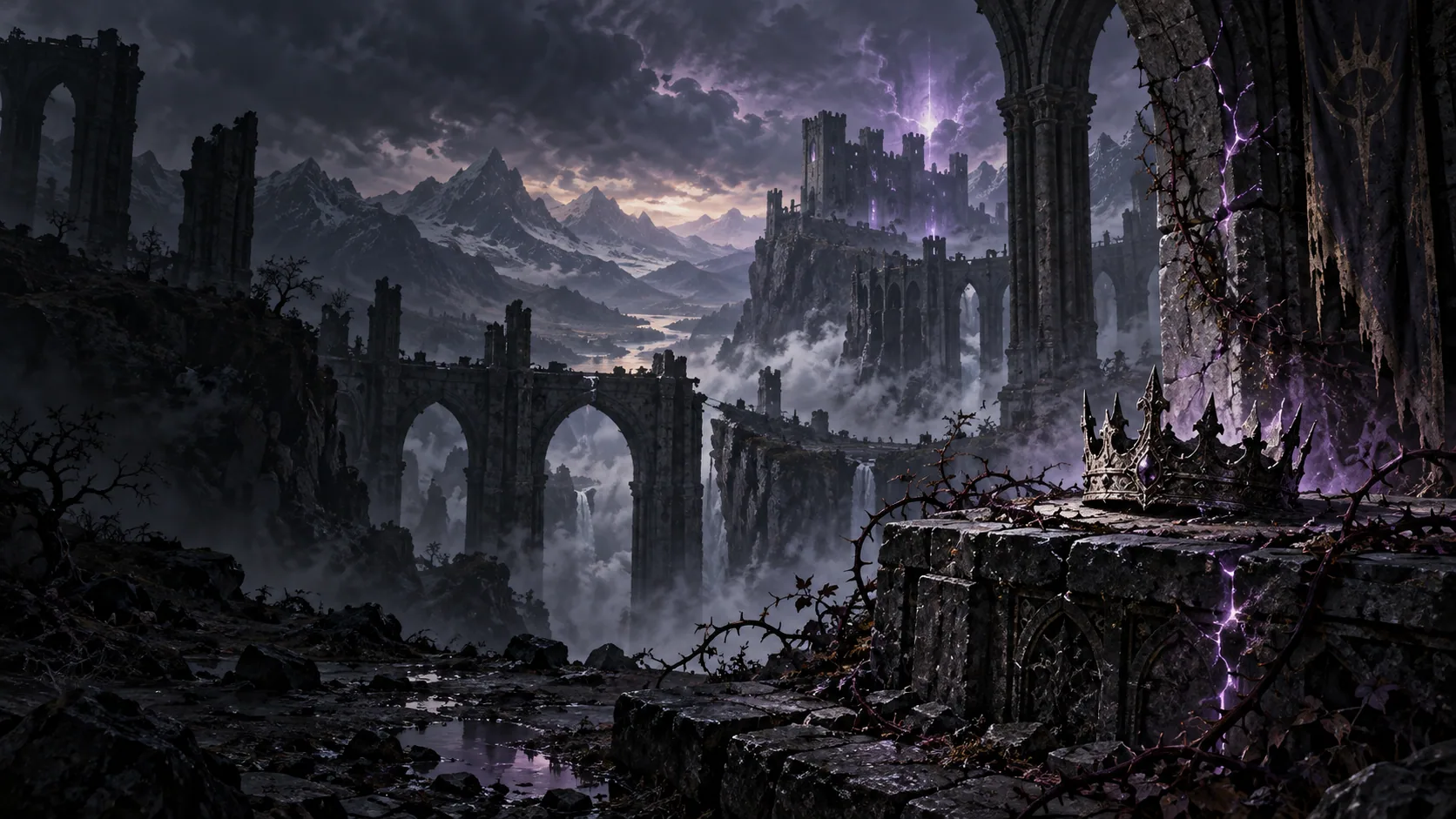 A tarnished crown in a ruined archway overlooking a mist-filled mountain realm lit by violet light.