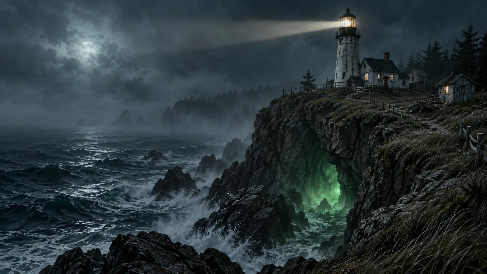A lighthouse above a stormy coast, with an unnatural green glow escaping a cave beneath the cliff.