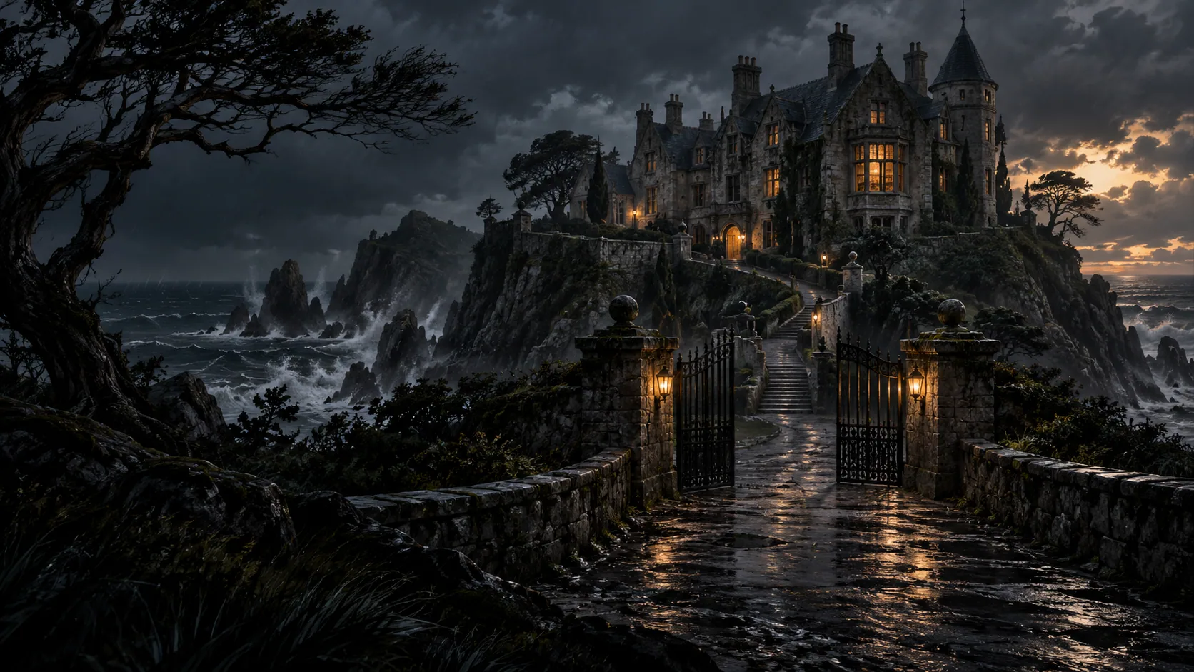 An isolated manor with warm windows above a stormy sea, its iron gate standing open.
